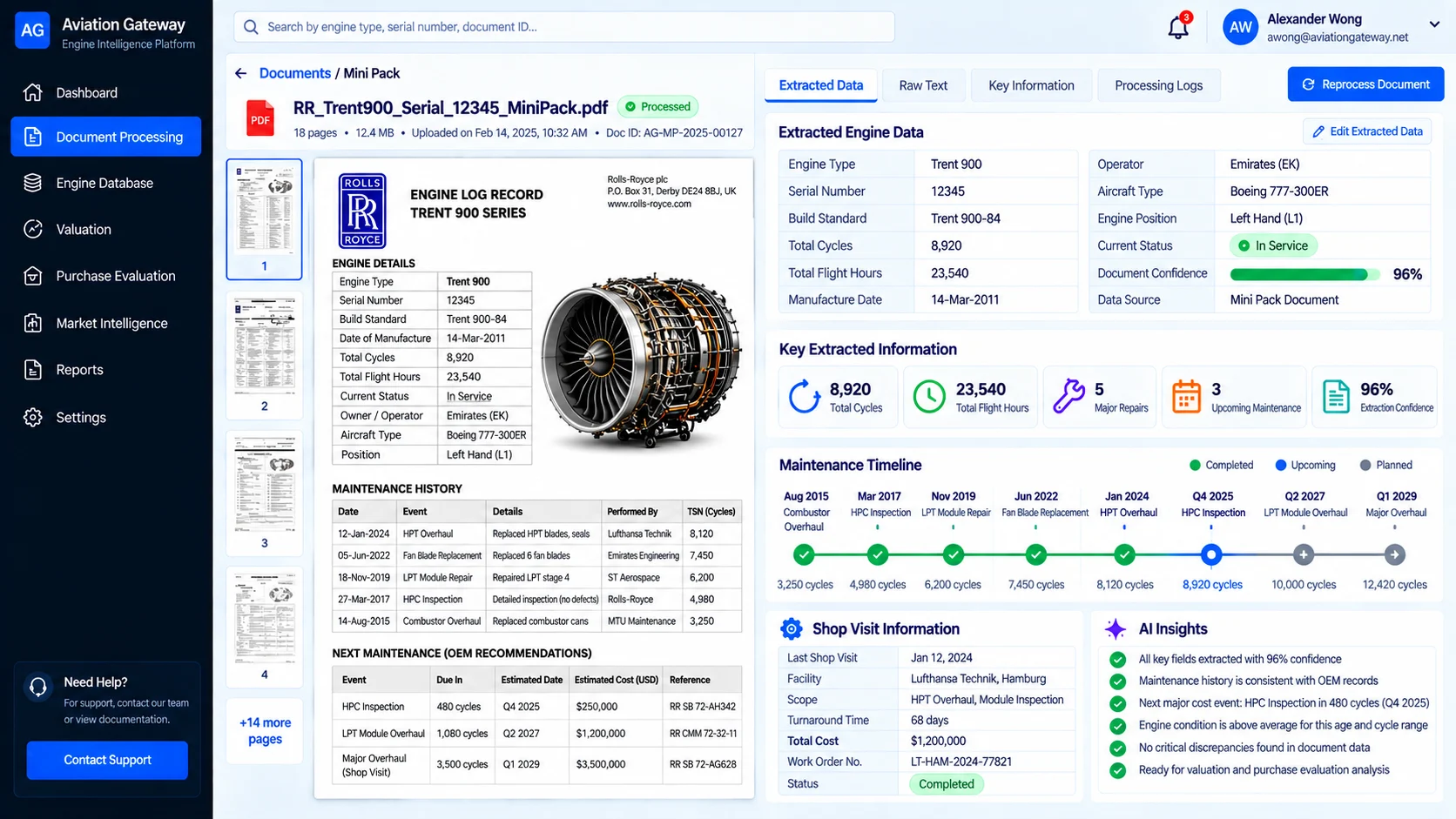 Document processing view with extracted engine data and maintenance timeline
