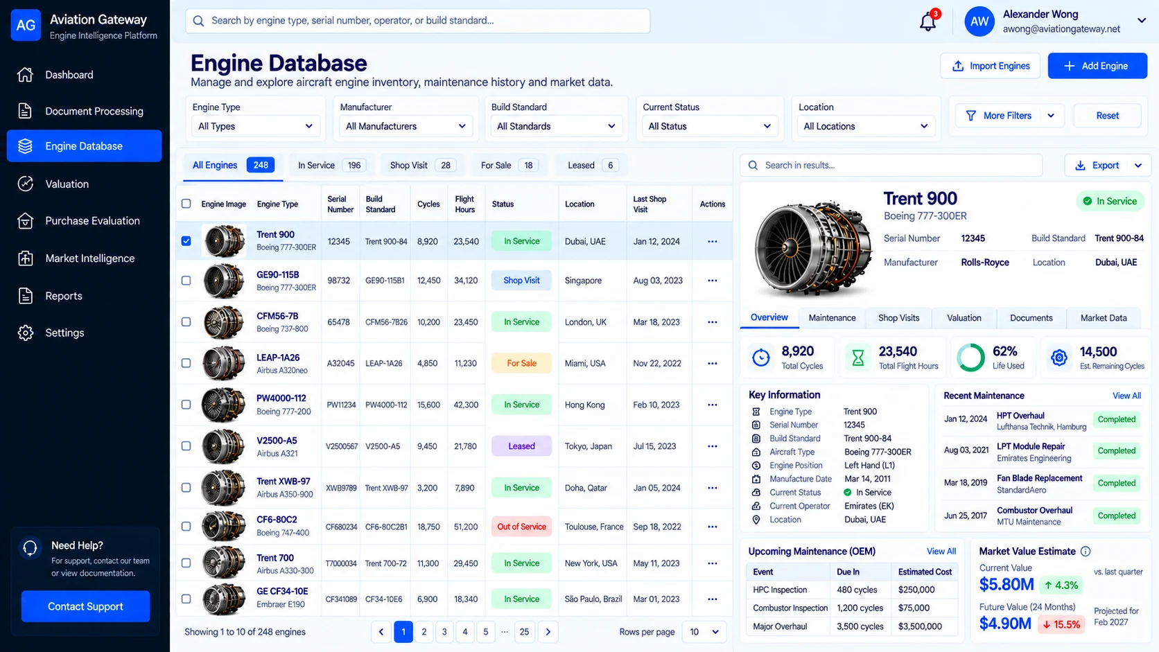Engine database inventory with filters and an engine detail panel