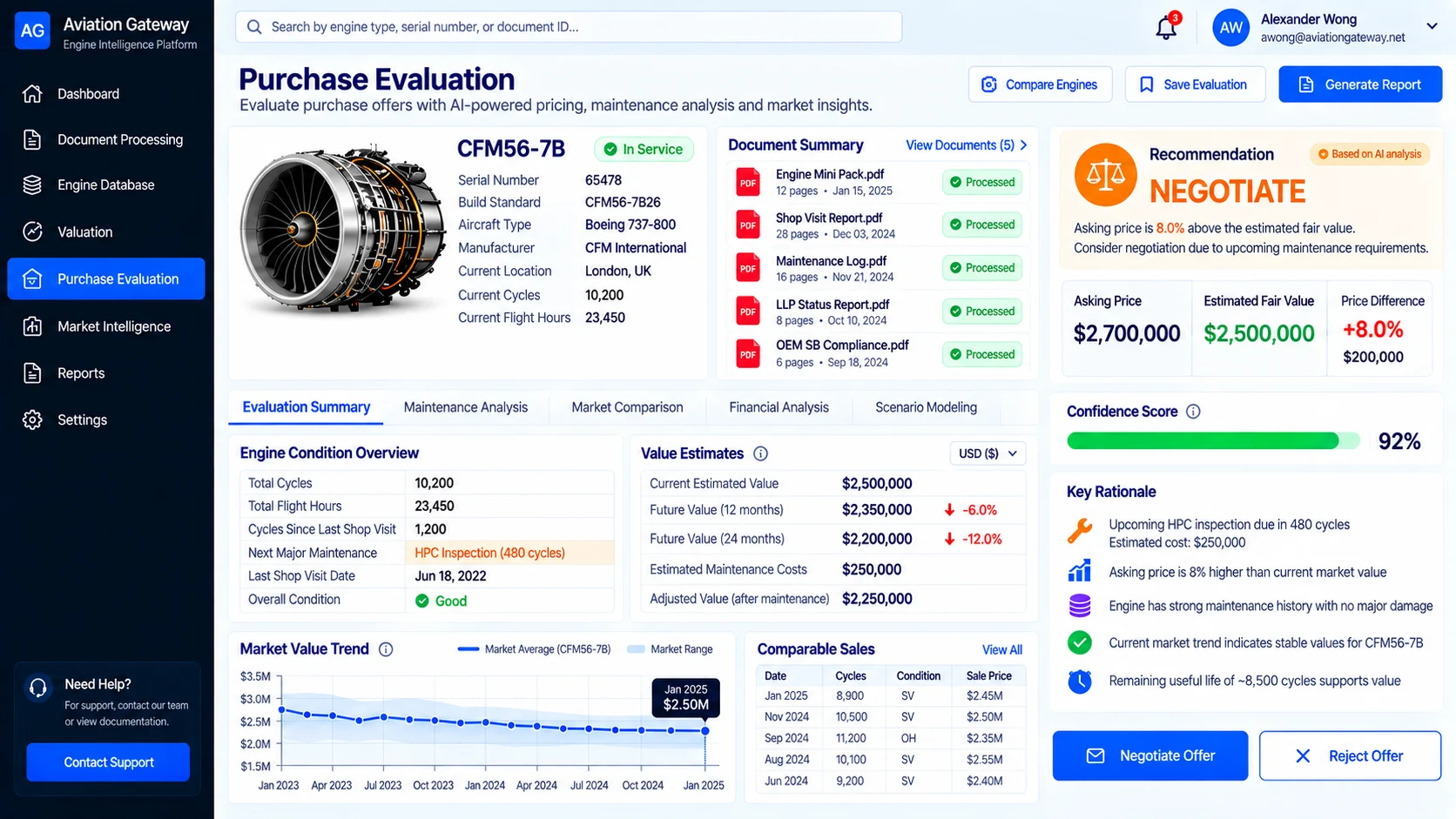 Purchase evaluation with recommendation, confidence score and key rationale