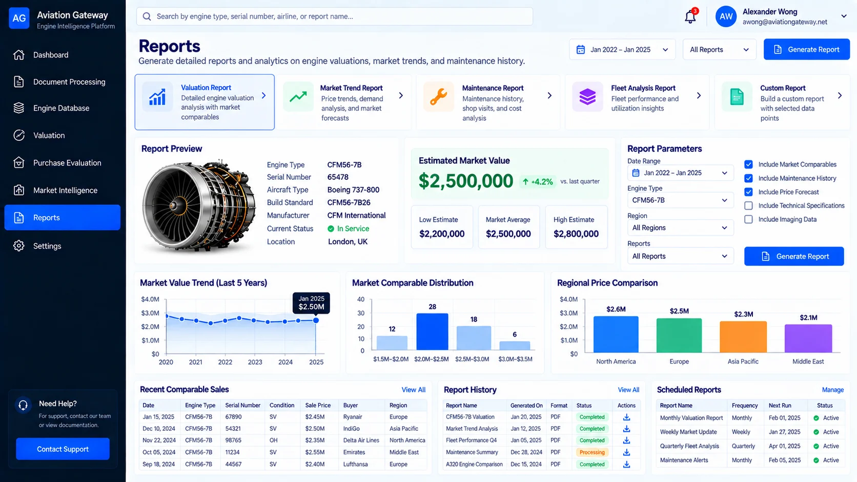 Report builder with preview, parameters and generated report history