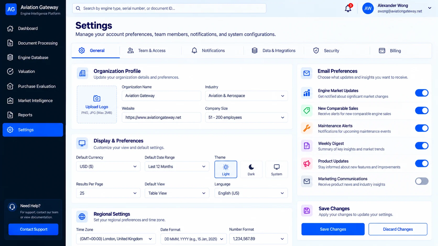Settings with organization profile, display preferences and email notifications