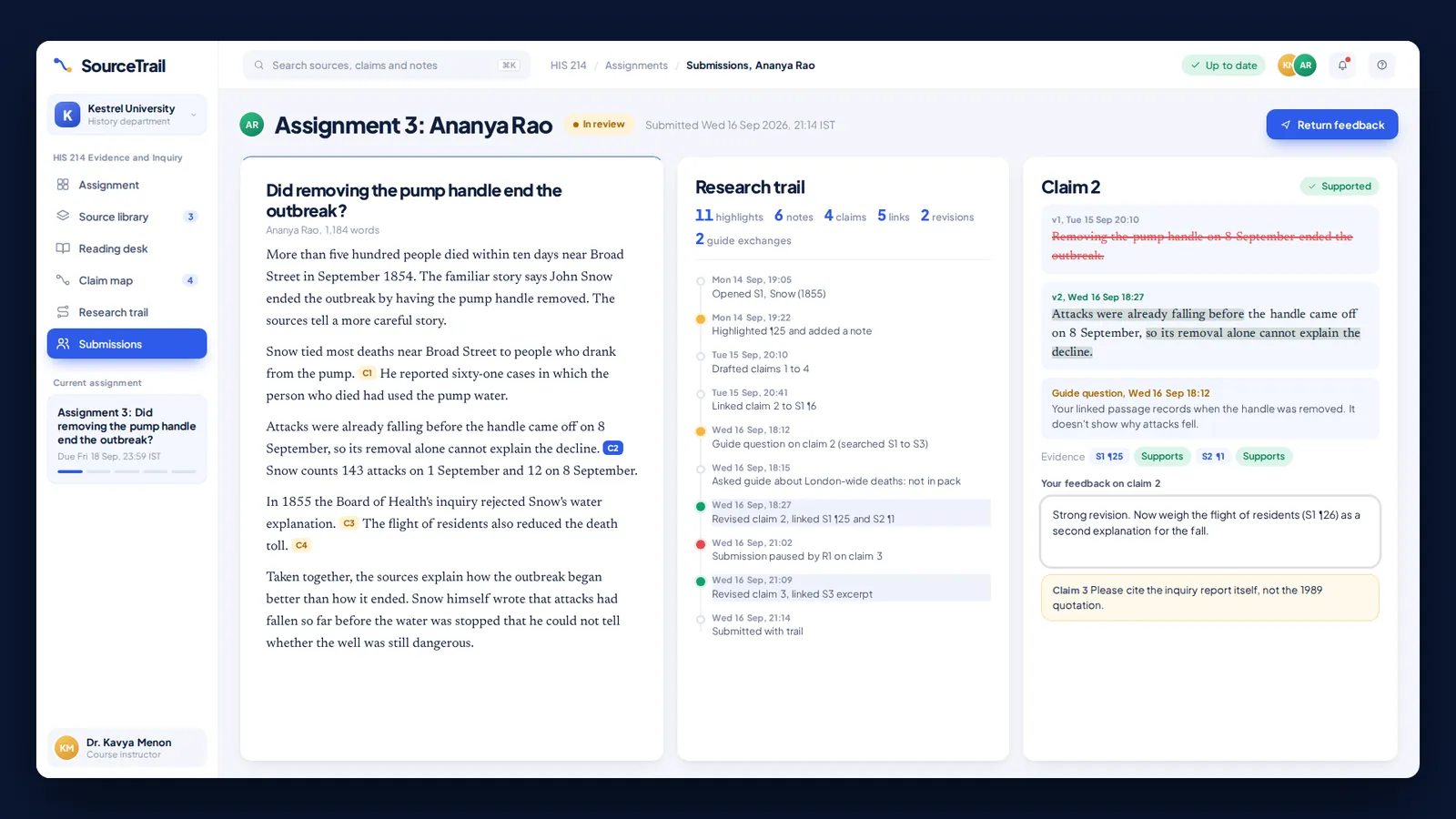 SourceTrail Instructor · Claim Versions and Feedback on Reasoning