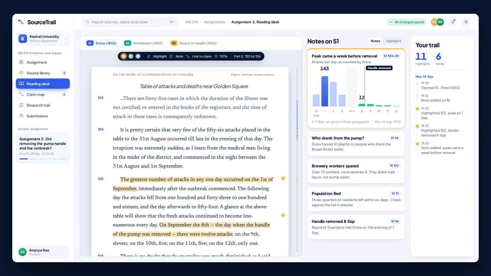 SourceTrail Student · Reading Desk with Anchored Highlights