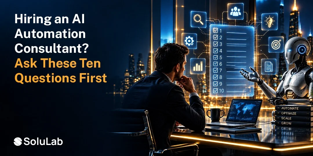 AI automation consultant banner with ten questions to ask before hiring one