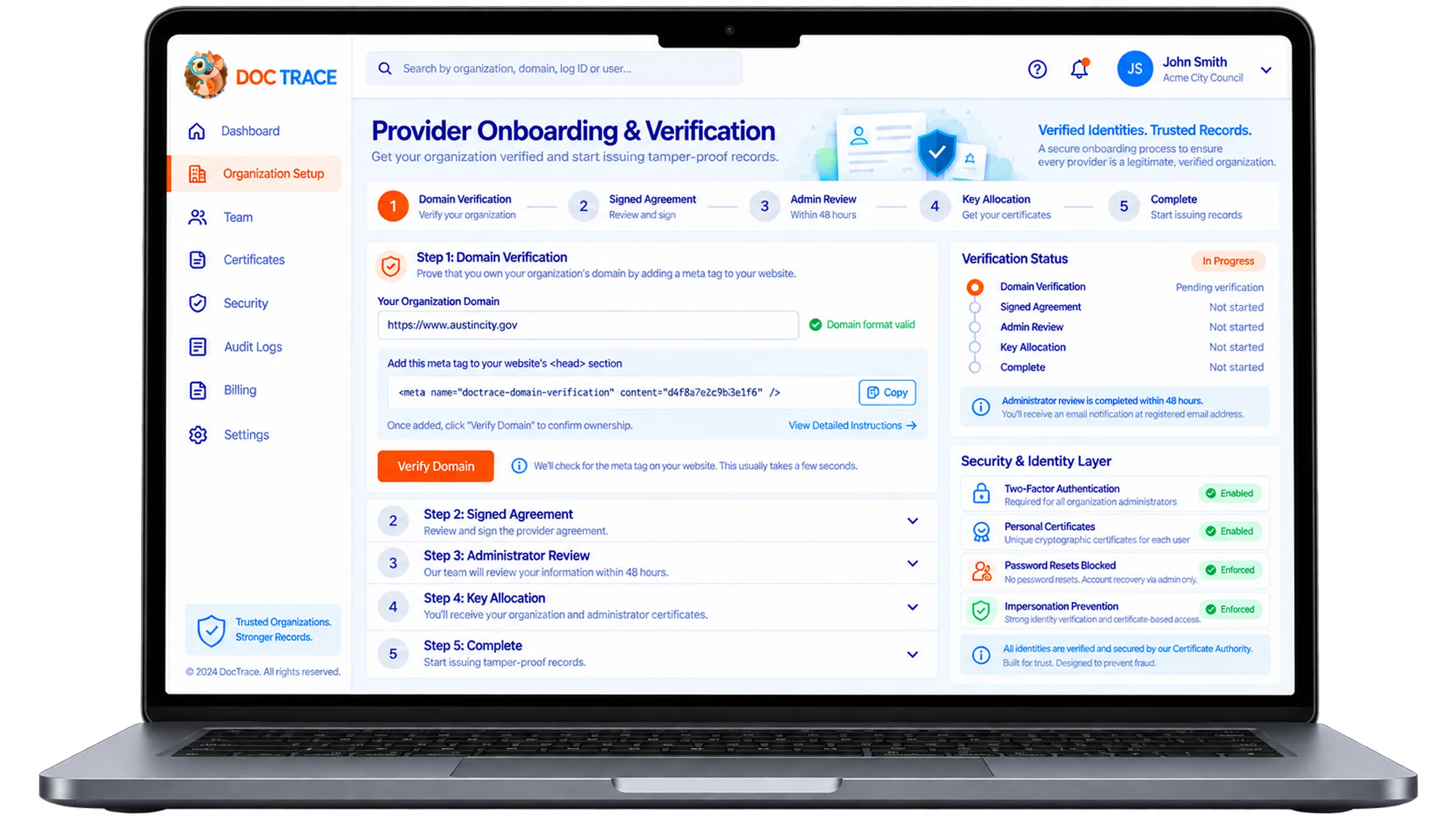 Certificate Authority and Identity Layer screen