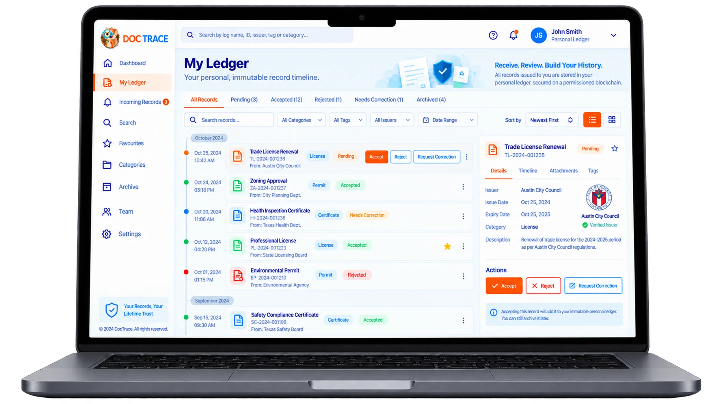 Receiver Ledger and Record Timeline
 Screen