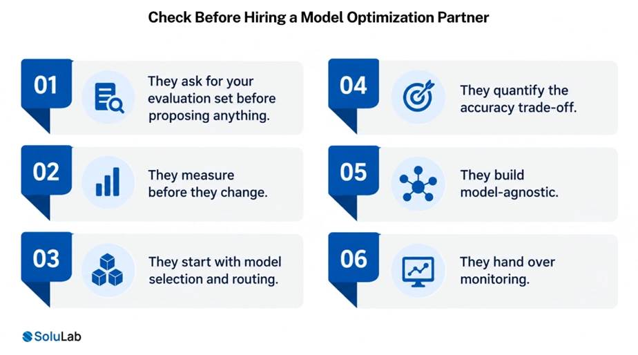 Six checks before hiring LLM optimization companies, from evaluation sets to monitoring handover