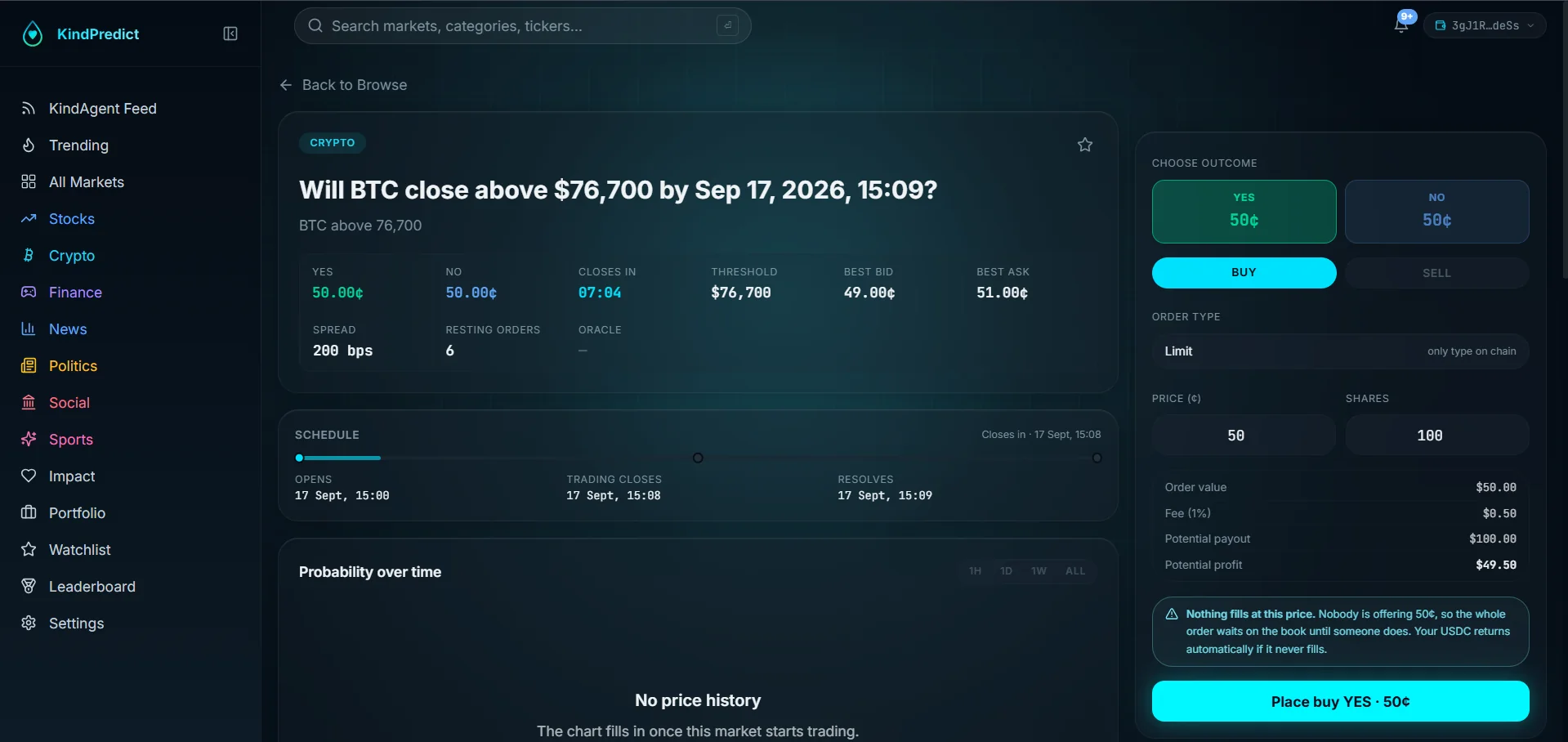 KindPredict user app - buying a trade on a live market