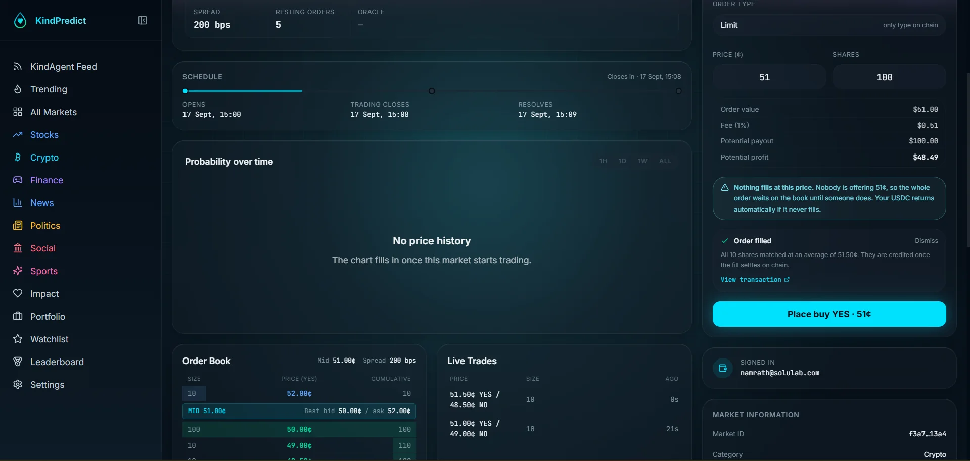 KindPredict user app - live trades