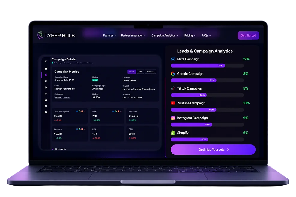 CyberHulk: AI Digital Marketing Platform - Dashboard Screen